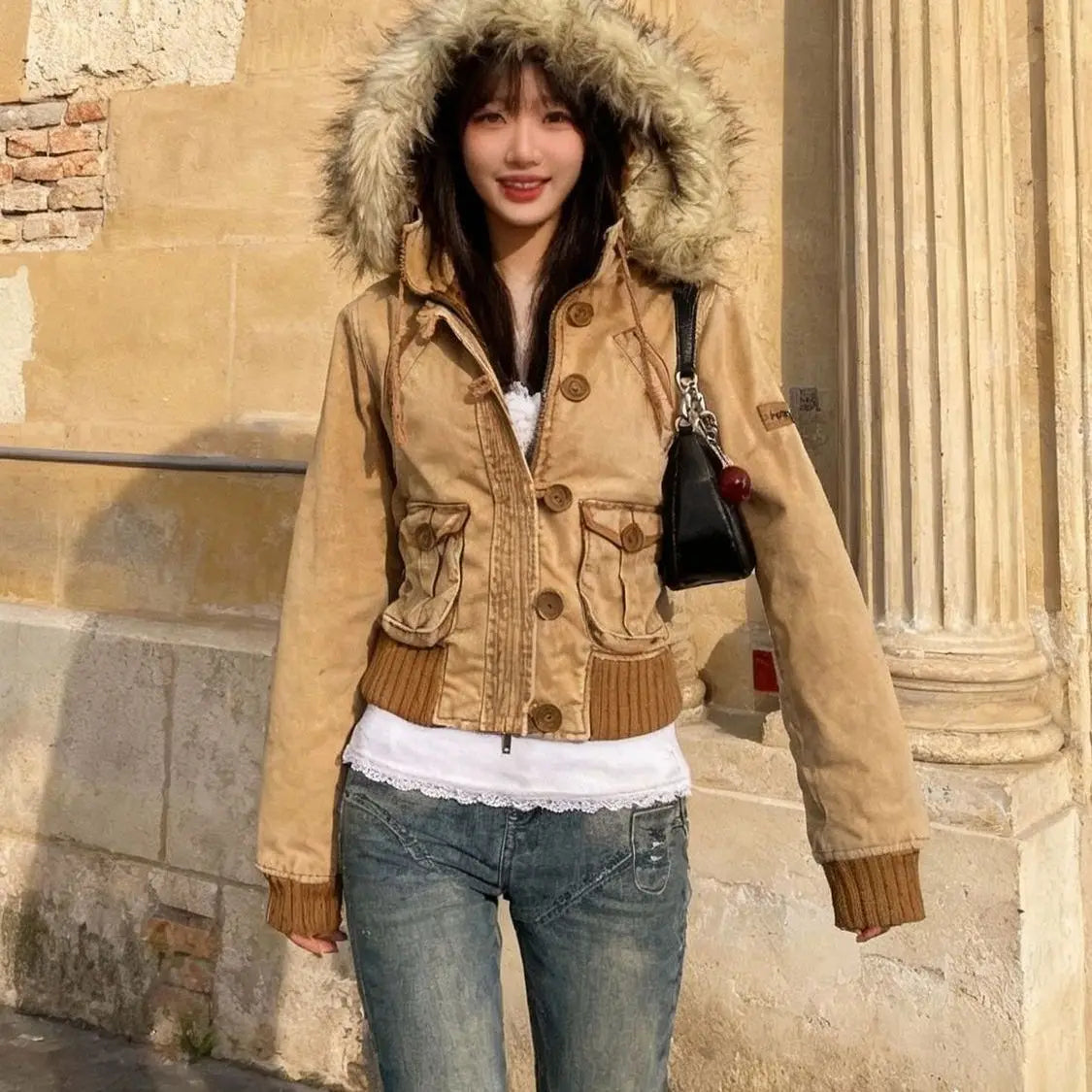 STORESDE Autumn and winter fashion jacket millennium style brown 2025Y2K retro new style waist slimming short coat small versatile top
