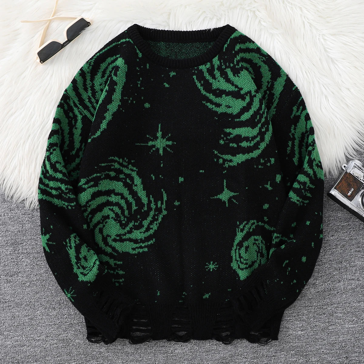 STORESDE New Trendy Street Style Ripped Abstract Starry Sky Pattern Pullover Ripped Sweater Casual Crew Neck Knitted Men's Pullover