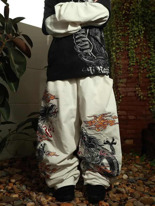STORESDE New White Jeans Y2K Dragon Pattern Mens American High Street Retro Korean Straight Pants Harajuku Hip-Hop Couple Wide Pants