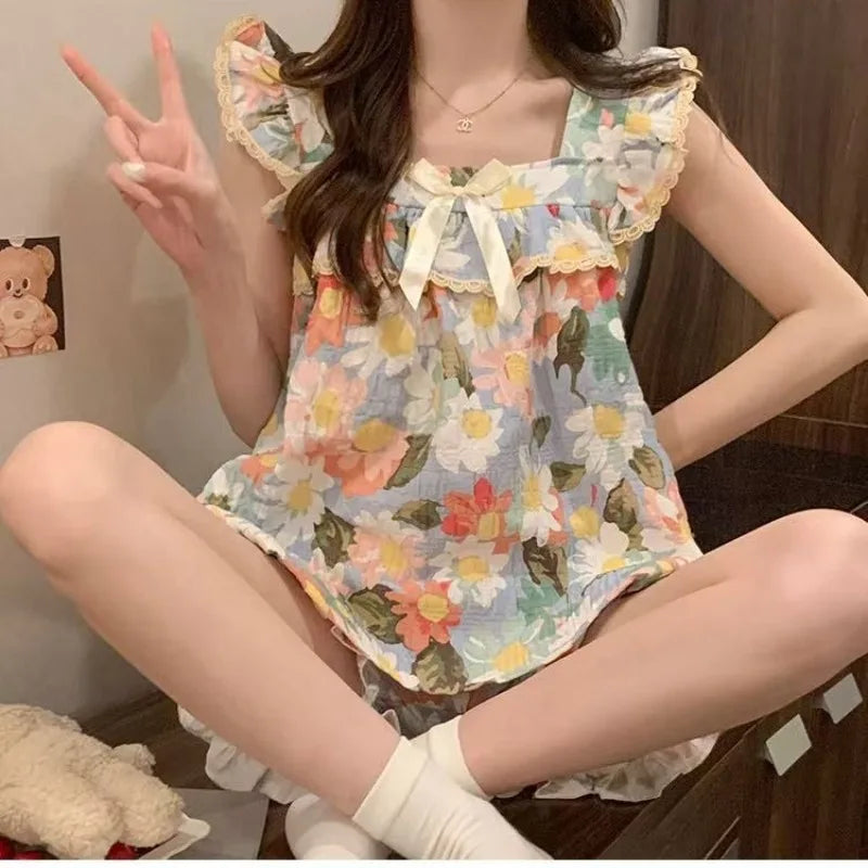 STORESDE Set Sexy Women Summer Pajamas Sleeveless Sleepwear Trousers Sets Short Sleeve Sleepwear Women's Pajama Sleeping Sleep Lounge