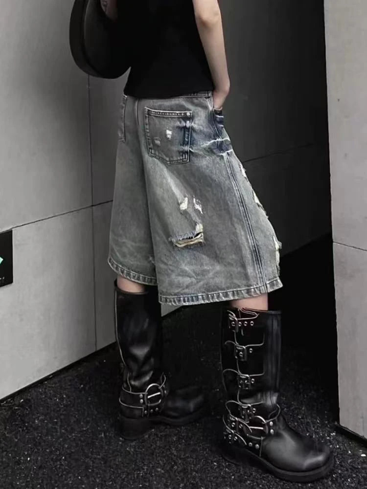 STORESDE Y2K Hole Jeans Shorts Women American Loose Streetwear Hot Girls Wide Leg Shorts Summer High Waist Retro Wash Denim Shorts