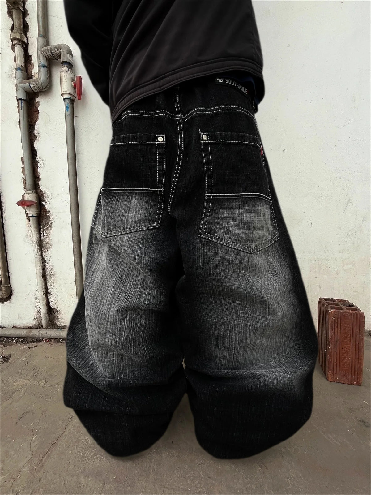 STORESDE American Fashion Printing Jeans Hip Hop Baggy Cross-legged Jeans Grey Wash Straight Mop Pants Men and Women
