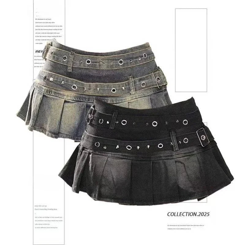 STORESDE Women's Blue Black Riveted Belt Denim Skirt Y2K Harajuku High Street Fashion 90s Sexy A-line Mini Skirt Summer Clothing 2026 New