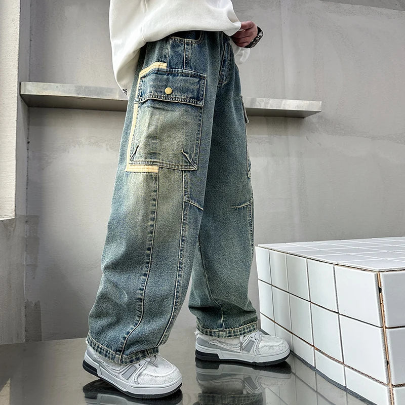 STORESDE New Design Children Relaxed Fit Straight Leg Cargo Jeans for Teenage Boys Loose Denim Pants with Pocket Kids Casual Trousers