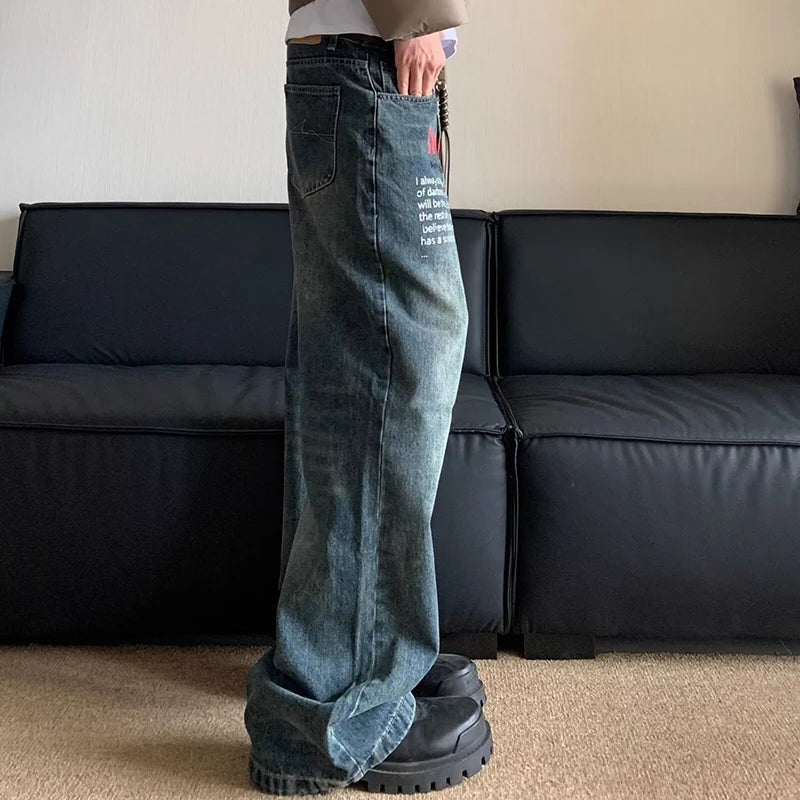 STORESDE Korean Version Retro Letter Printed Jeans For Men Loose Straight Leg Wide Leg Pants High Street Hip-Hop Design Casual Pants