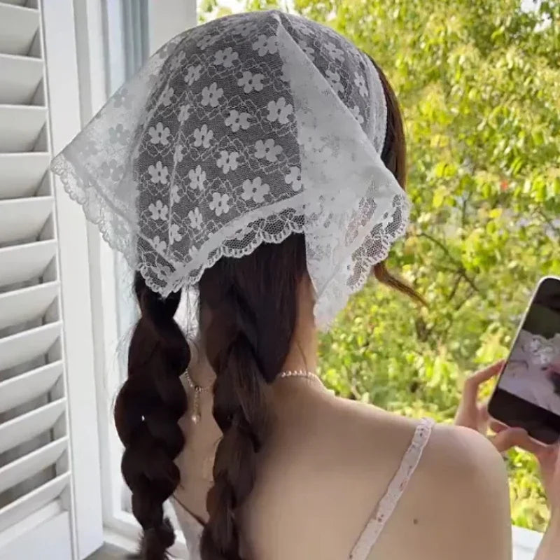 STORESDE Retro Sweet Flower Triangle Hair Scarf Women Girls Square Scarf Headband Korean French Pastoral Headdress Summer Lace Headwear