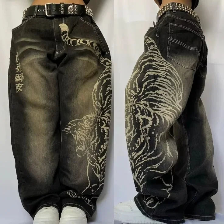 STORESDE American Fashion Printing Jeans Hip Hop Baggy Cross-legged Jeans Grey Wash Straight Mop Pants Men and Women