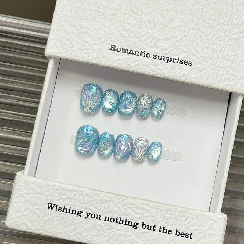 STORESDE 10pcs Handmade Press On Nails Cute Starfish Cat's Eye Aurora Fake Nail Tips Wearable Fantasy Mermaid Short Square False Nails