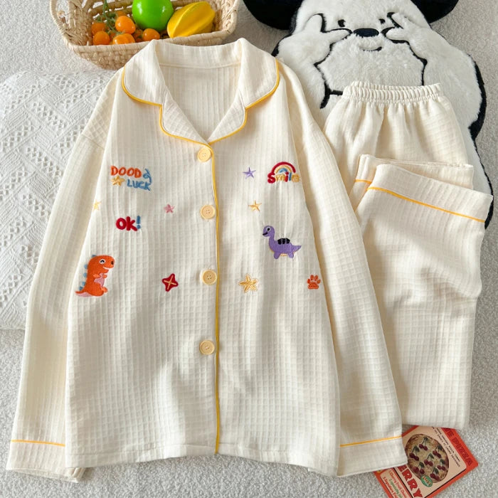 STORESDE Embroidery Letter Cute Cartoon Women's Pajamas Fashion Warm Autumn Winter New Sleepwear Sweet Kawaii Lapel Neck Pajama Sets