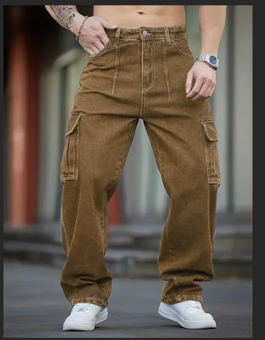 STORESDE Men's Deep Blue Washed Denim Workwear Jeans Casual Multiple Pockets Design Loose Wide Leg Trousers Y2K Style Cargo Pants