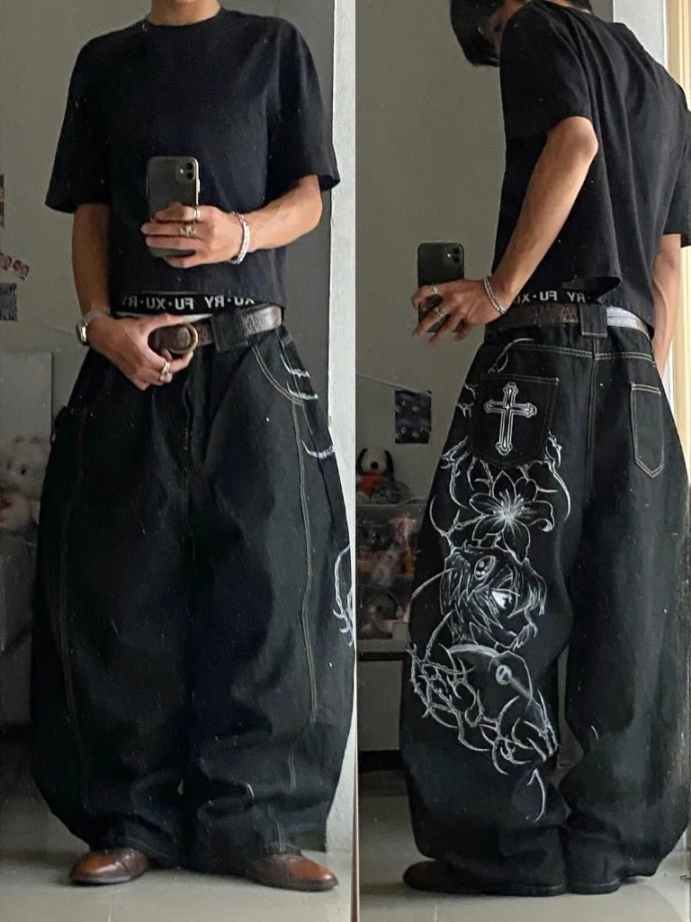 STORESDE American Fashion Printing Jeans Hip Hop Baggy Cross-legged Jeans Grey Wash Straight Mop Pants Men and Women
