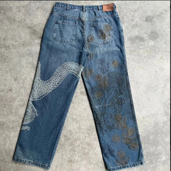 STORESDE Japanese Dragon Knitted Jeans Men Women Baggy Fit High Street Urban Casual Trendy Fashion Hip Hop Streetwear Daily Wear Style