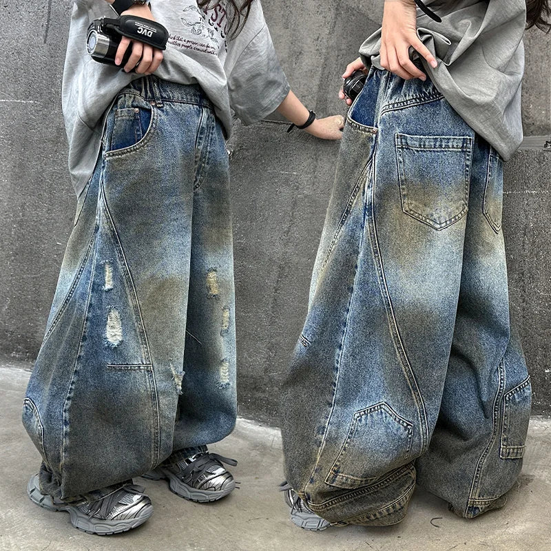STORESDE American Tween Girl High Fashion Distressed Wide Leg Banana Jeans for Child Luxury Denim Pants Kids Dirty Washed Jeans Trousers