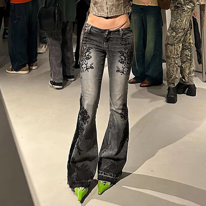 STORESDE Women's Jeans  New American Retro Street Style Plant Print Washed Vintage Low-Rise Flare Pants Trendy Versatile
