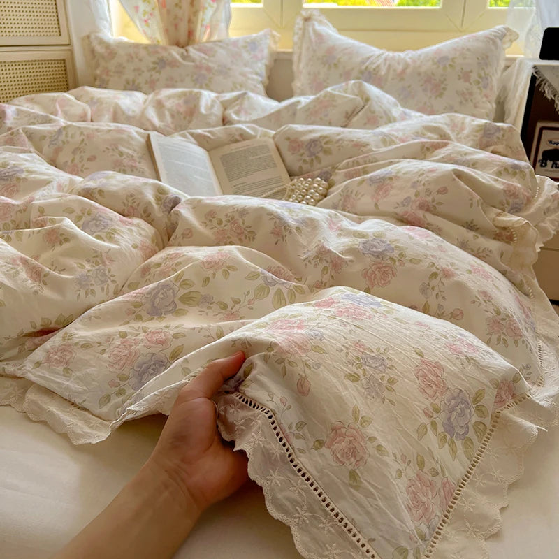 STORESDE Washed Cotton Duvet Cover Sets Single/Queen/king Flower Printed Bedding Set Princess Style e housse de couette 220x240 with Lace