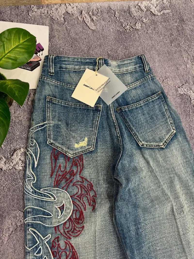 STORESDE American Y2K New Pattern Embroidery Baggy Jeans Men High Street Vintage Hip Hop Fashion Casual Joker Couple Wide-leg Pants