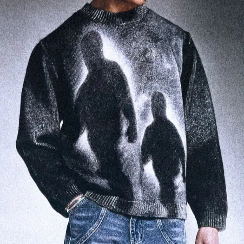 STORESDE High Street Gradient Abstract Artistic Portrait Pattern Loose Knit Pullover European Punk Gothic Round Neck Long Sleeve Sweater