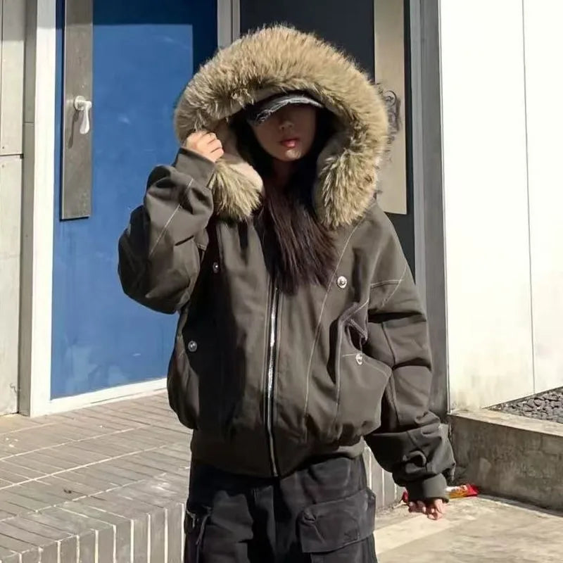 STORESDE American Street Fur Collar Zipper Hooded Jacket Women Autumn Winter Retro New Velvet Thickened Warm Fashion Loose Casual Jacket