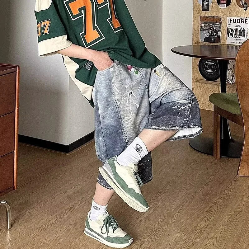 STORESDE 2025 New Men's Retro Bear 3D Printed Denim Shorts Hip Hop Fashion Straight Wide-leg Jorts High Street Y2K Baggy Bermuda Jeans
