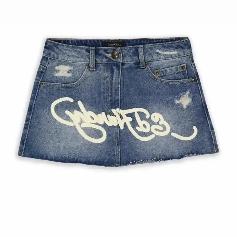 STORESDE Y2K Street Vintage is a fashionable short skirt Harajuku gothic hip hop letter print vintage blue denim skirt