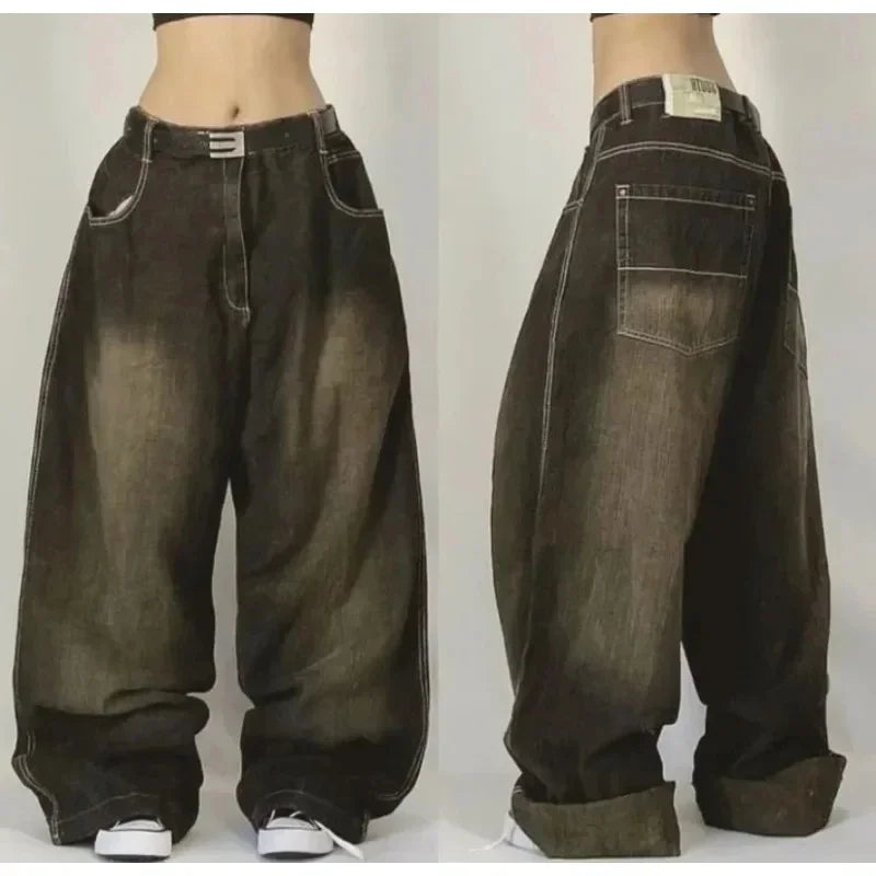 STORESDE Y2k Hip Hop American Wide Leg Pants Gothic Zipper Skull Embroidered Jeans Men Harajuku Vintage High Waist Casual Jeans Unisex