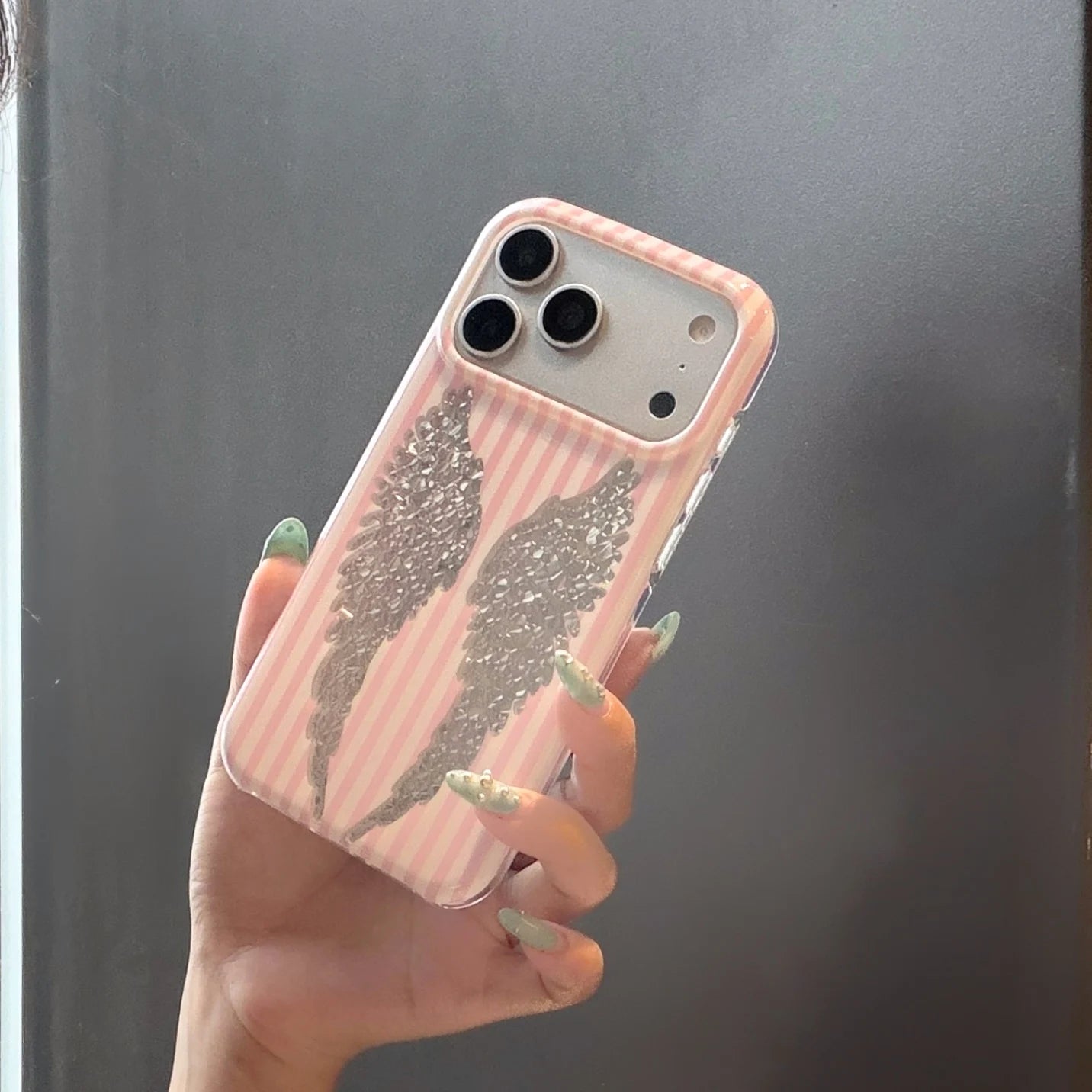 STORESDE Korean Cute Pink White Stripe Wings Phone Case For iPhone 17 Pro 16 15 Pro Max 17pro 16pro Fashion Shockproof Cover For Girls