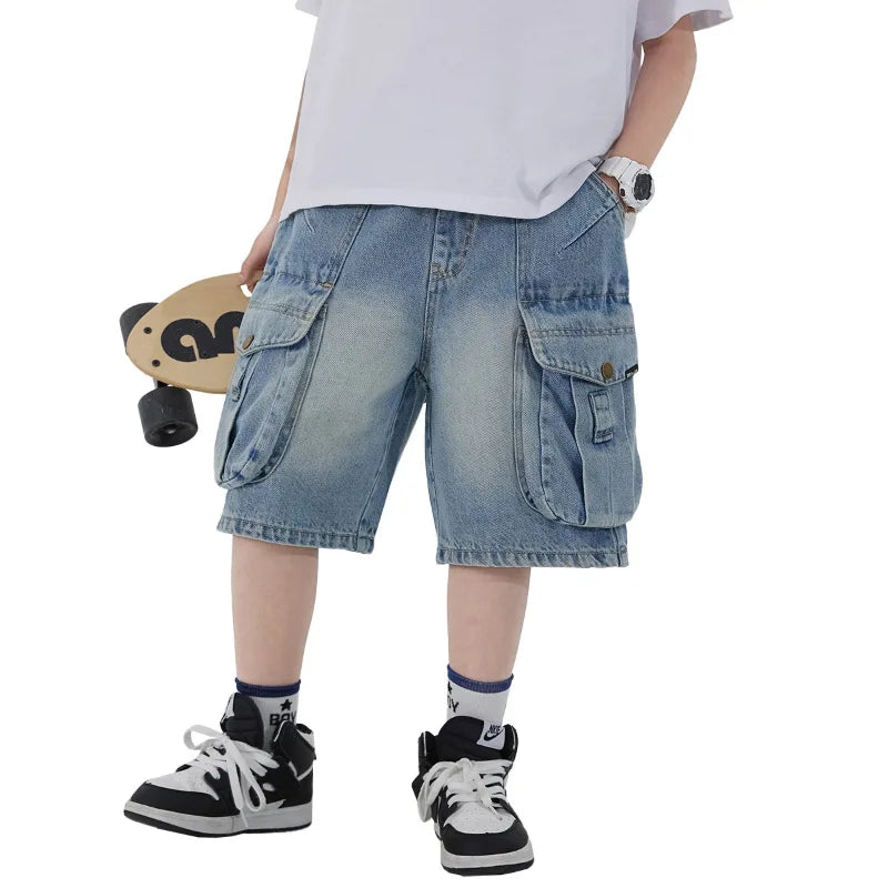 STORESDE Boys' Workwear Denim Shorts Summer 2026 New Teenage Children's Pocket Design Outdoor Wear Loose Jeans Big Kids Mid-Pants