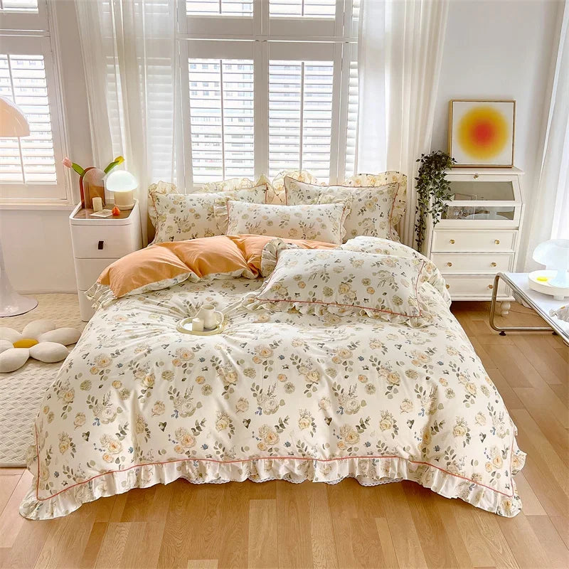 STORESDE Princess Style Ruffles 100% Cotton Quilt Cover Set or Single Quilt Covers Floral Soft Duvet Cover Cotton Cute Comforter Covers