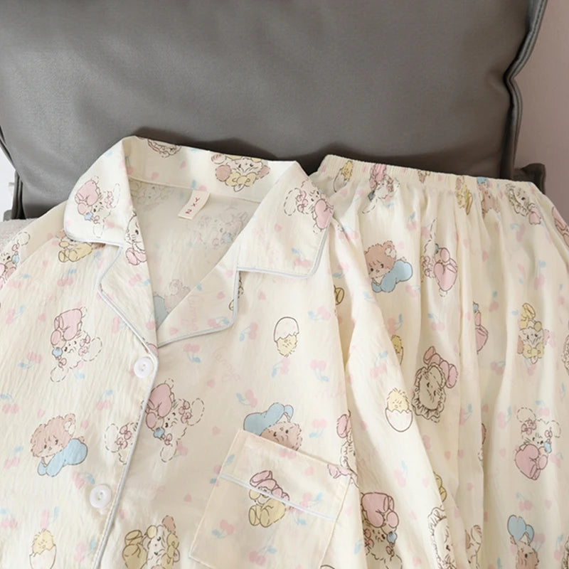 STORESDE Korean Sweet Cute Cartoon Cat Print Women's Pajamas Kawaii Casual All-match New Pajamas Set for Women Autumn V-neck Nightwear