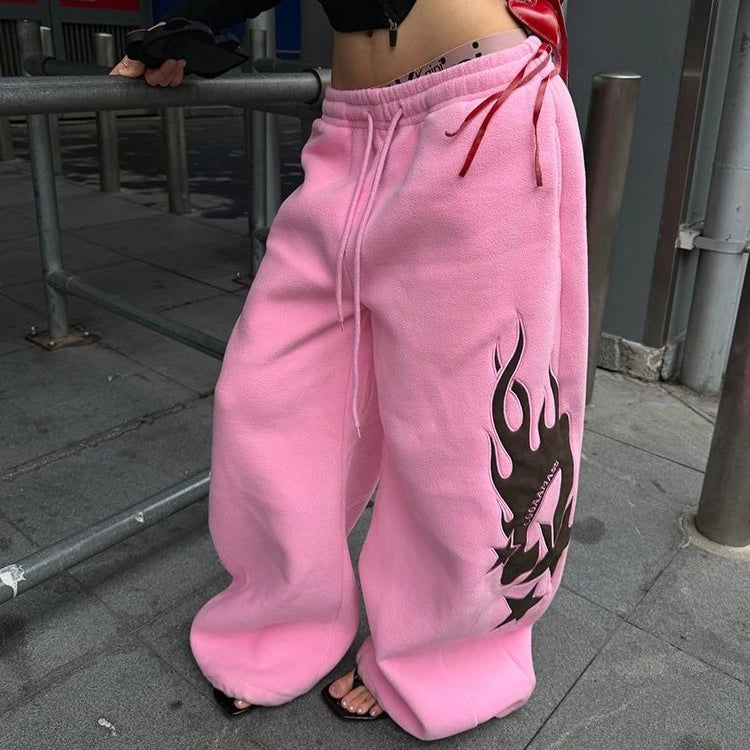 STORESDE 2025 New Autumn American Design Flame Print Drawstring Wide-leg Casual Sweatpants for Men and Women Loose Pink Fashion Trousers