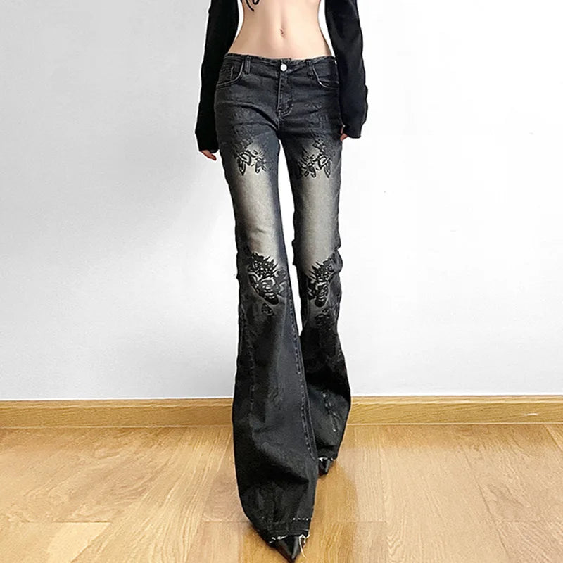 STORESDE Women's Jeans  New American Retro Street Style Plant Print Washed Vintage Low-Rise Flare Pants Trendy Versatile