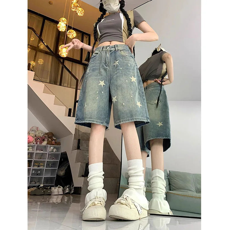 STORESDE American Style Vintage Women's Short Jeans High Waisted Washed Wide Leg Denim Pants Woman Fashion Do Old Star Knee Length Shorts