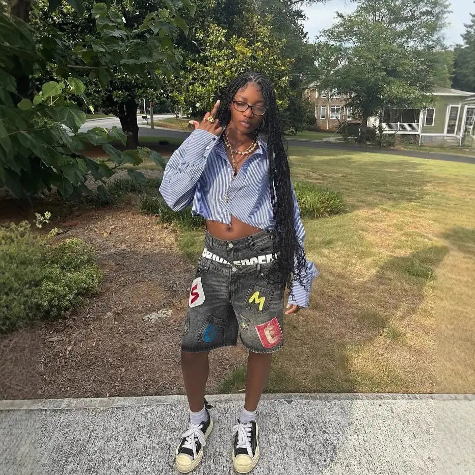 STORESDE American style hip-hop letter splicing denim shorts millennium retro personality fashion fake two-piece gothic rock