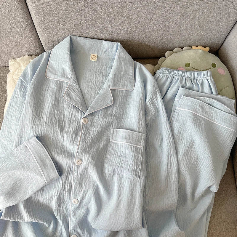 STORESDE Autumn New Solid Simple Men's Pajamas Set Plus Size Lapel Neck Long Sleeve 2 PC Men's Pajamas Casual Soft Oversized Loungewear