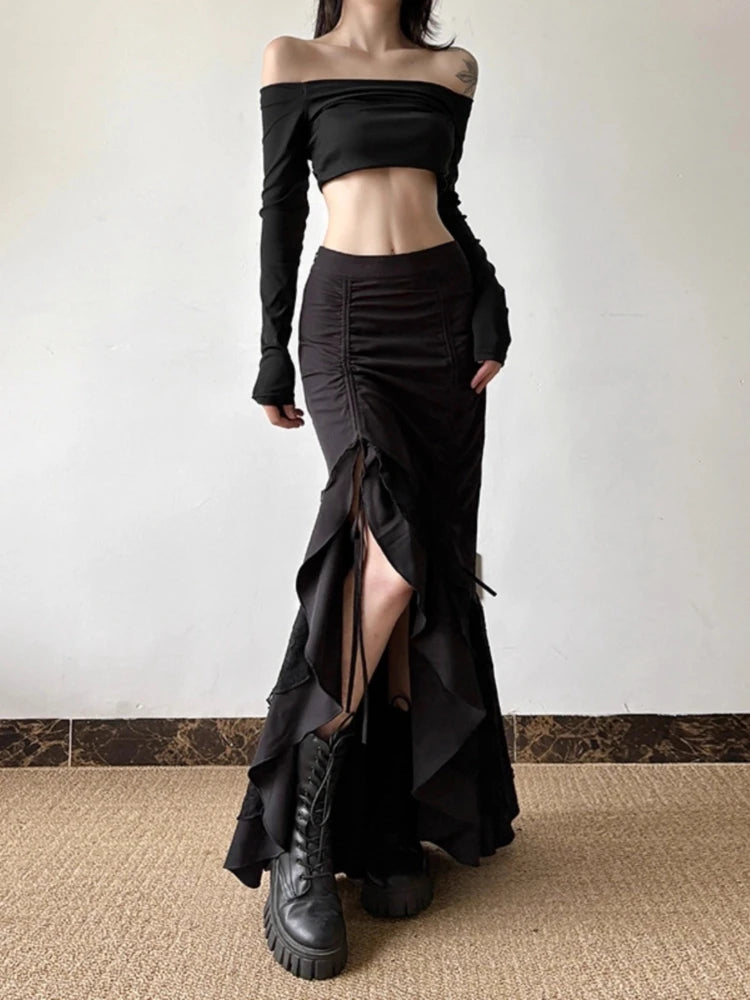 STORESDE Y2k Spicy Girl Skirts Solid Color Lace Patchwork Draw String Irregular Long Skirt Harajuku Design Streetwear Women's Clothing