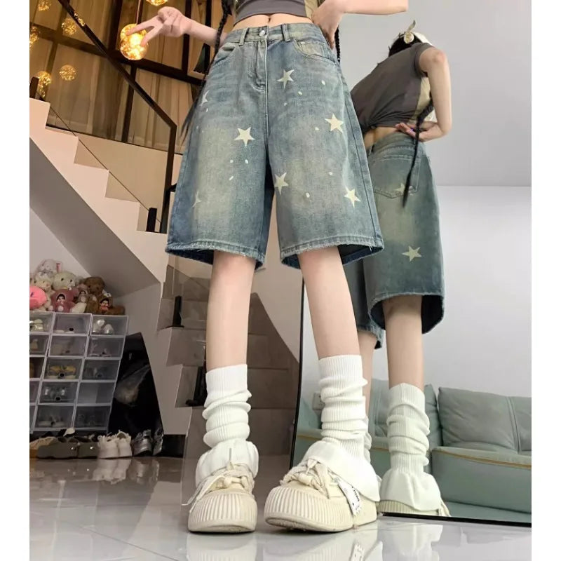 STORESDE Casual Floral Print Loose Wide Leg Womens Jeans New American Retro Star Design Straight Leg Comfort Stretch Soft Denim Shorts