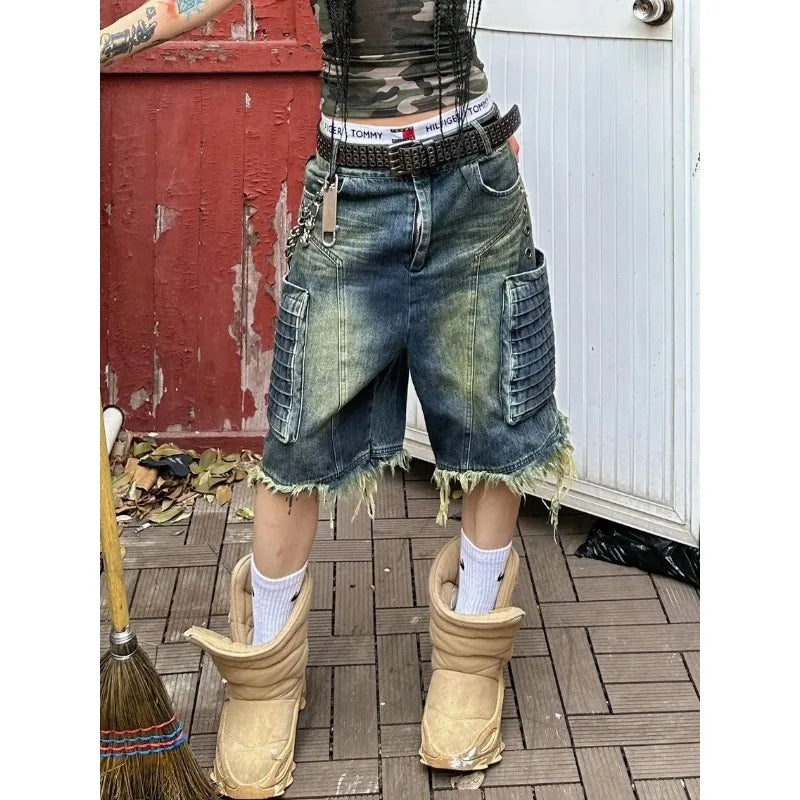 STORESDE Trendy American Retro Oversized Big Pocket Workwear Cropped Pants for Women High Street Straight Tube Loose Wide Leg Short Jeans