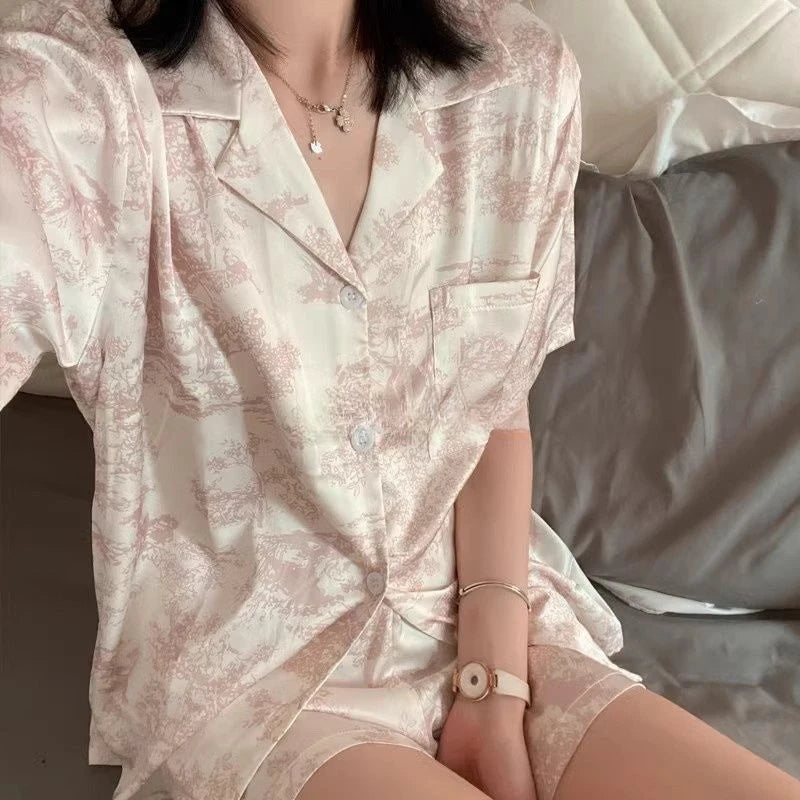 STORESDE Women's 2pcs Cute Print Short Sleeve Button Top and Shorts Pink Sleepwear Soft Comfy Homewear Casual Loungewear Pajama Set