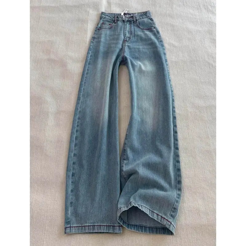 STORESDE Y2k Light Blue Baggy Jeans Women Red Stitch Embroidery High Waist Wide Leg Denim Pants Streetwear Casual Y2K Grunge Trousers New