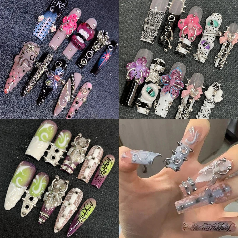 STORESDE Europe America Spice Girl Handmade Long Square Stilettos Fake Nails Metal Rivet Chain Flowers Lips Bowknot Diamond Press On Nail
