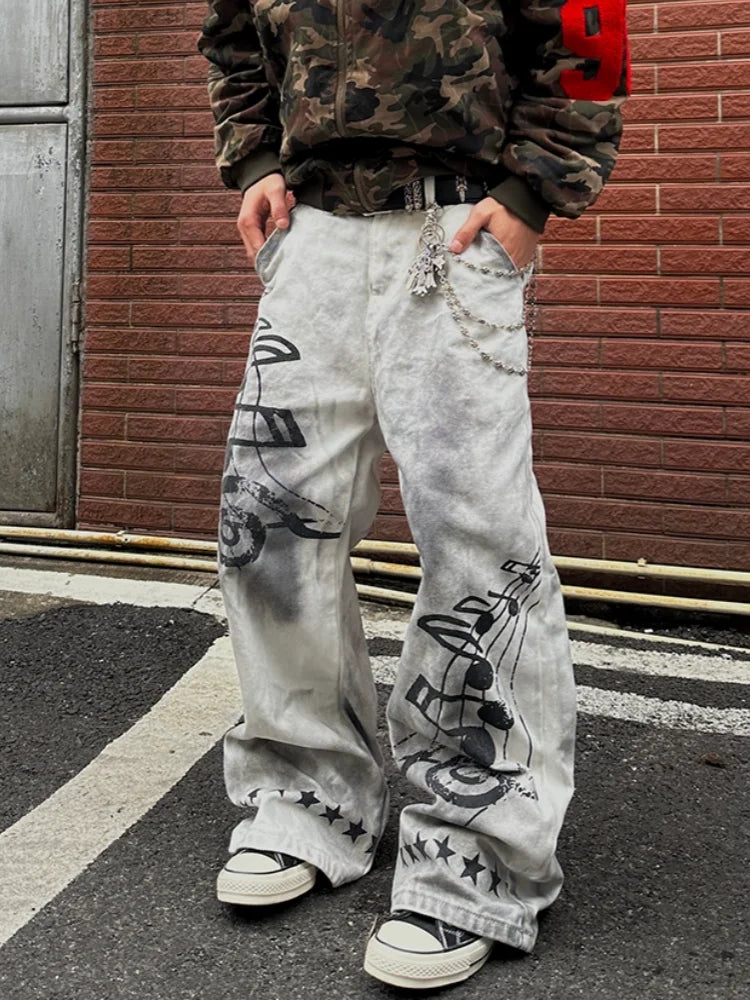 STORESDE 2026 American Retro Y2K Style Dirty Washed White Baggy Jeans Pants For Men Clothing Star Printed Straight Cotton Long Trousers