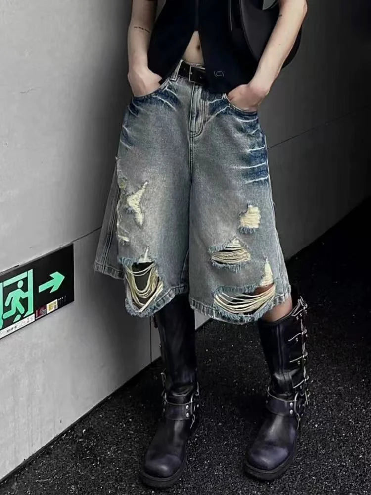 STORESDE Y2K Hole Jeans Shorts Women American Loose Streetwear Hot Girls Wide Leg Shorts Summer High Waist Retro Wash Denim Shorts