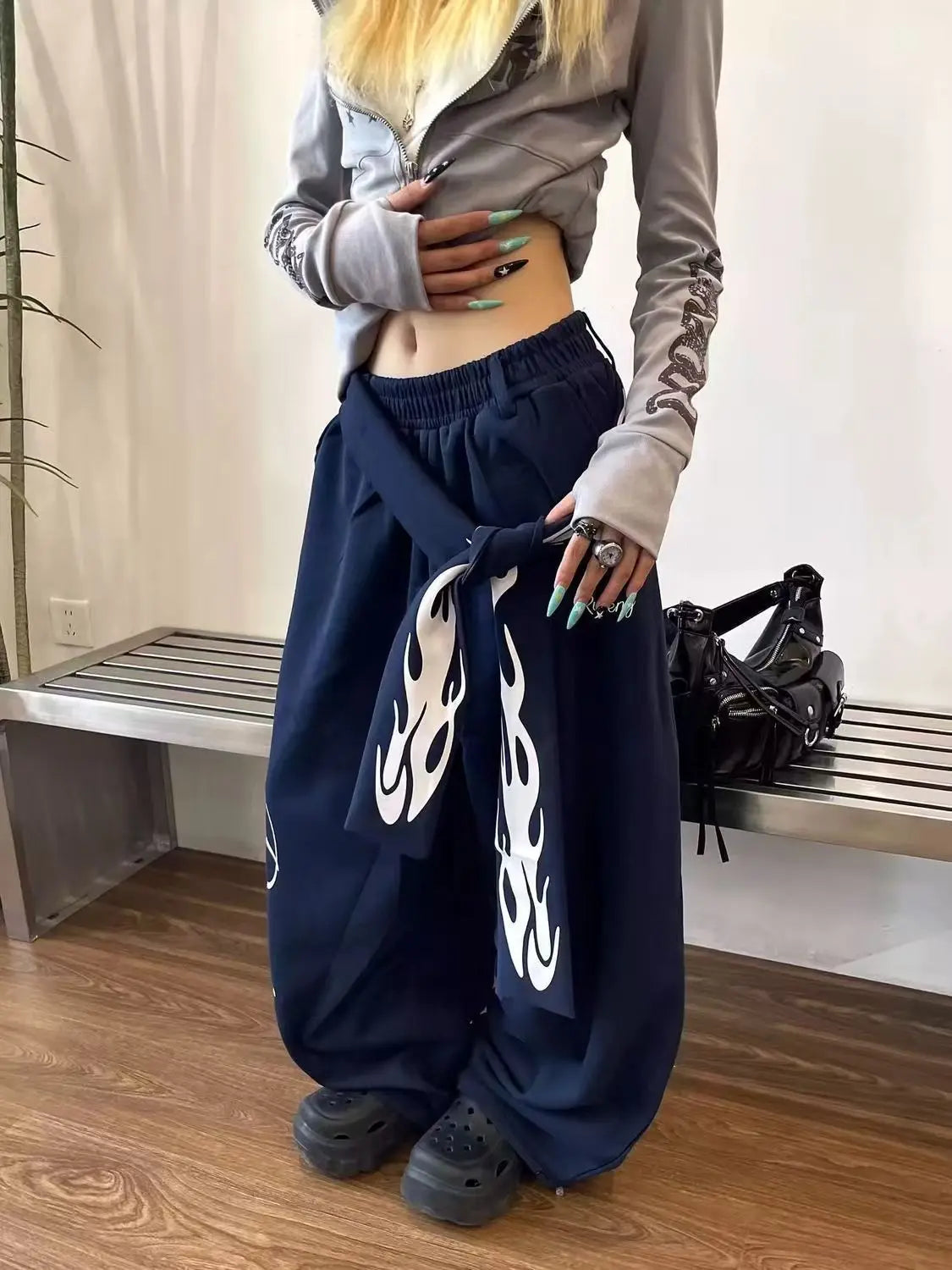 STORESDE American Retro Flame Letter Print Detachable Strap Scimitar Pants Jazz Casual Hip-Hop Loose Wide-Leg Fashion Jogging Sweatpants