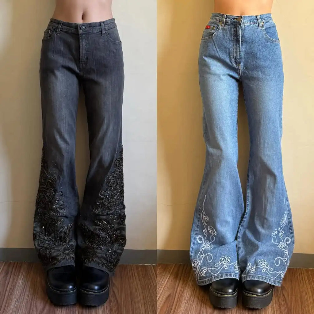 STORESDE Solid Color Washed Geometry Floral Embroidery Element Baggy Wide-leg Jeans Commute Korean Style Popular Straight-leg Jeans