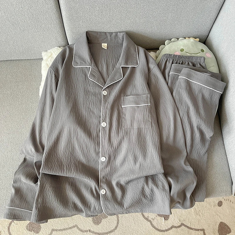 STORESDE Autumn New Solid Simple Men's Pajamas Set Plus Size Lapel Neck Long Sleeve 2 PC Men's Pajamas Casual Soft Oversized Loungewear
