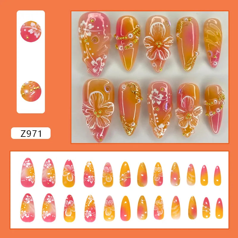 STORESDE 24pcs White Flower Fake Nail Tips Ins Yellow Pink Blush False Nails Wearable Full Cover European Almond Shaped Press on Nails