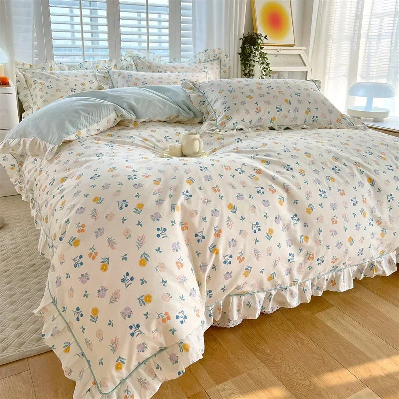 STORESDE Princess Style Ruffles 100% Cotton Quilt Cover Set or Single Quilt Covers Floral Soft Duvet Cover Cotton Cute Comforter Covers
