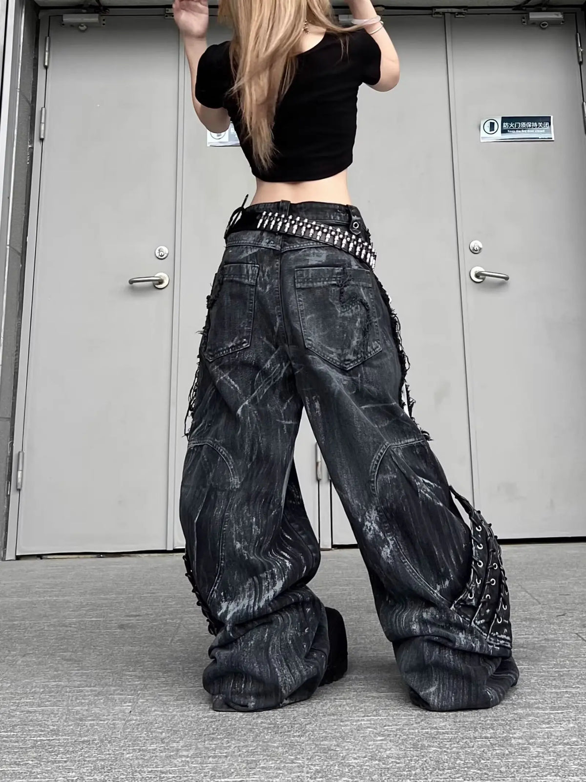 STORESDE Vintage Patchwork Distressed Jeans Hip Hop Loose Wide Leg Cargo Pants Women's Washed Distressed Denim Trousers