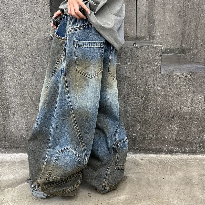 STORESDE American Tween Girl High Fashion Distressed Wide Leg Banana Jeans for Child Luxury Denim Pants Kids Dirty Washed Jeans Trousers