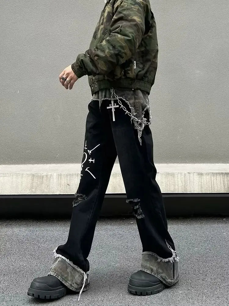STORESDE 2025 Punk Y2K Style Camouflage Patchwork Graffiti Baggy Ripped Jeans Pants For Men Clothes Straight Long Trousers Pantalon Homme